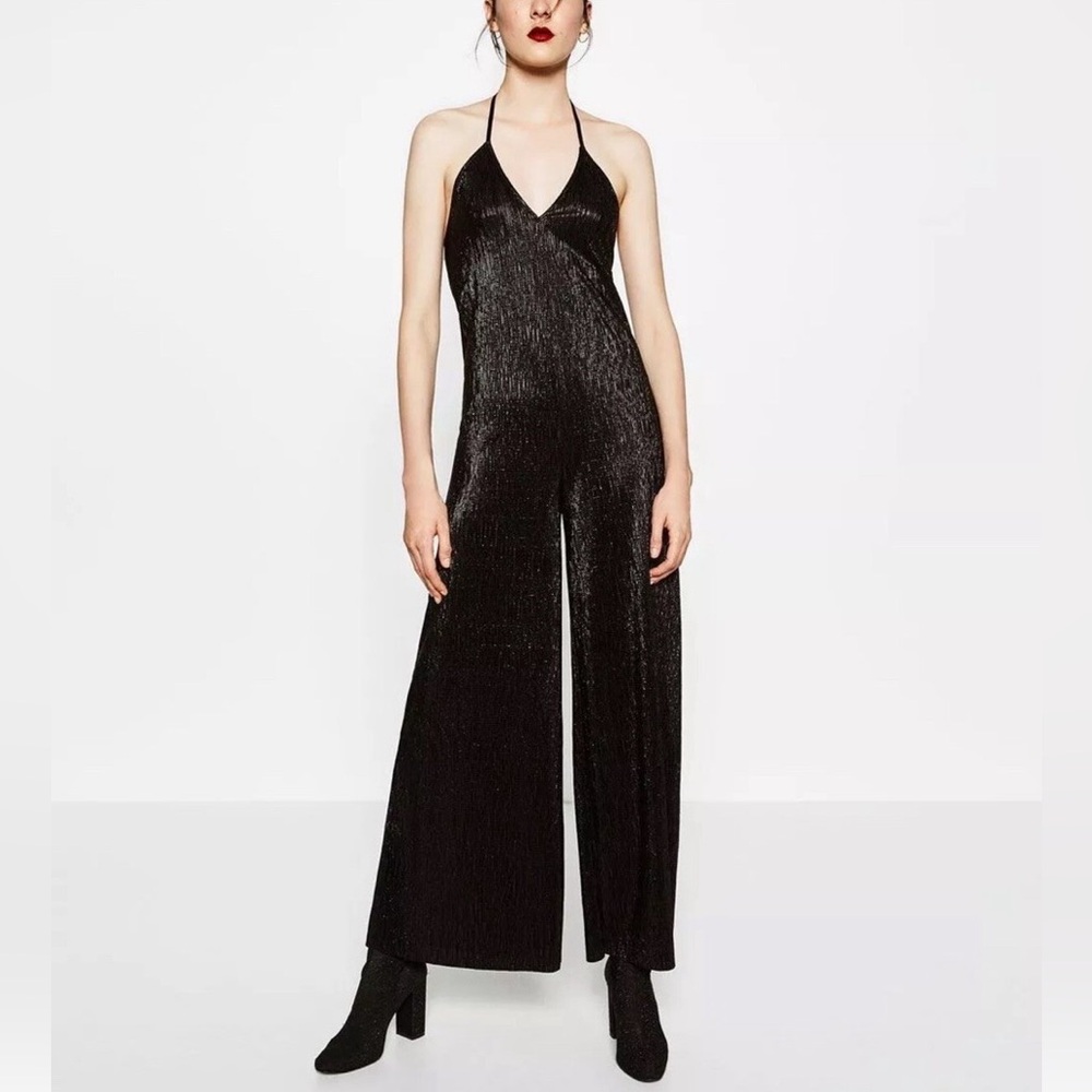 ZARA - Black Shimmer Halter Jumpsuit | Stretch | Open Back | Wide Leg